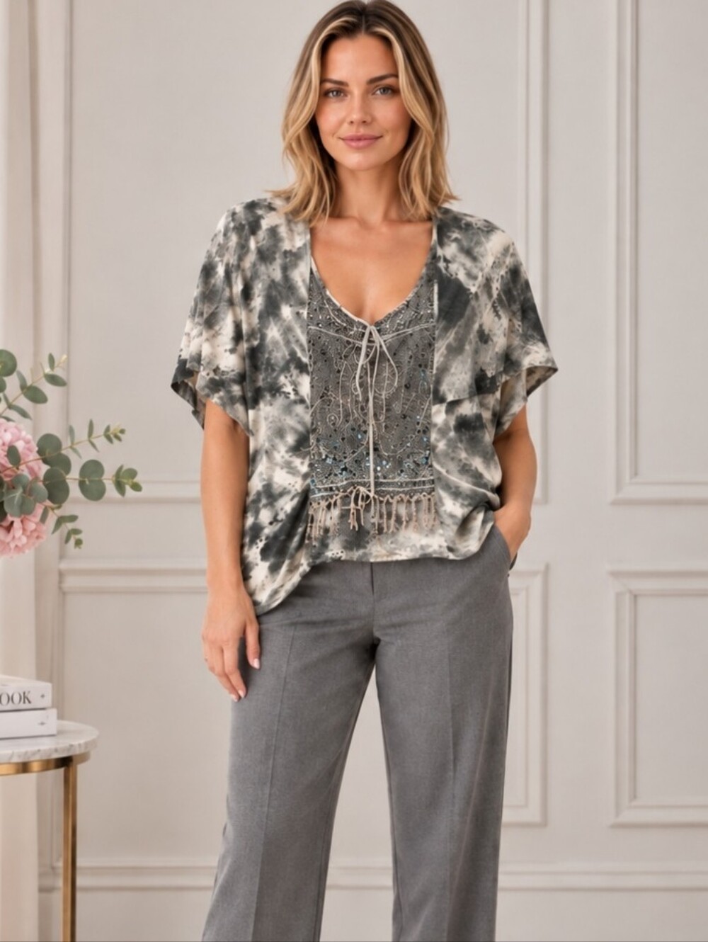 Free People Boho Tie Dye Gray Fringe Short Sleeve Top - Picture 11 of 11